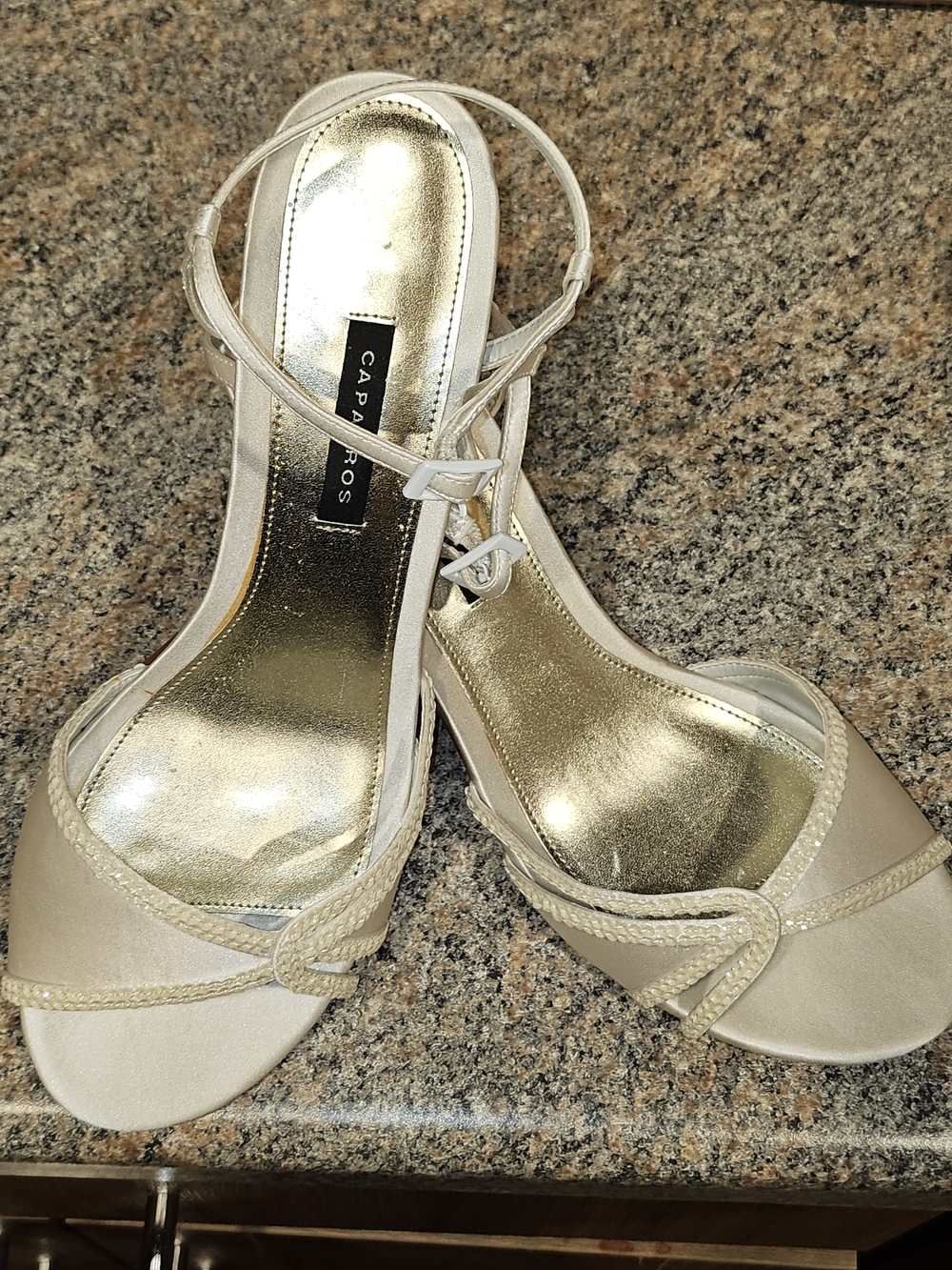 Caparros Women’s Ivory Satin Strappy Sandals with Gold Insole